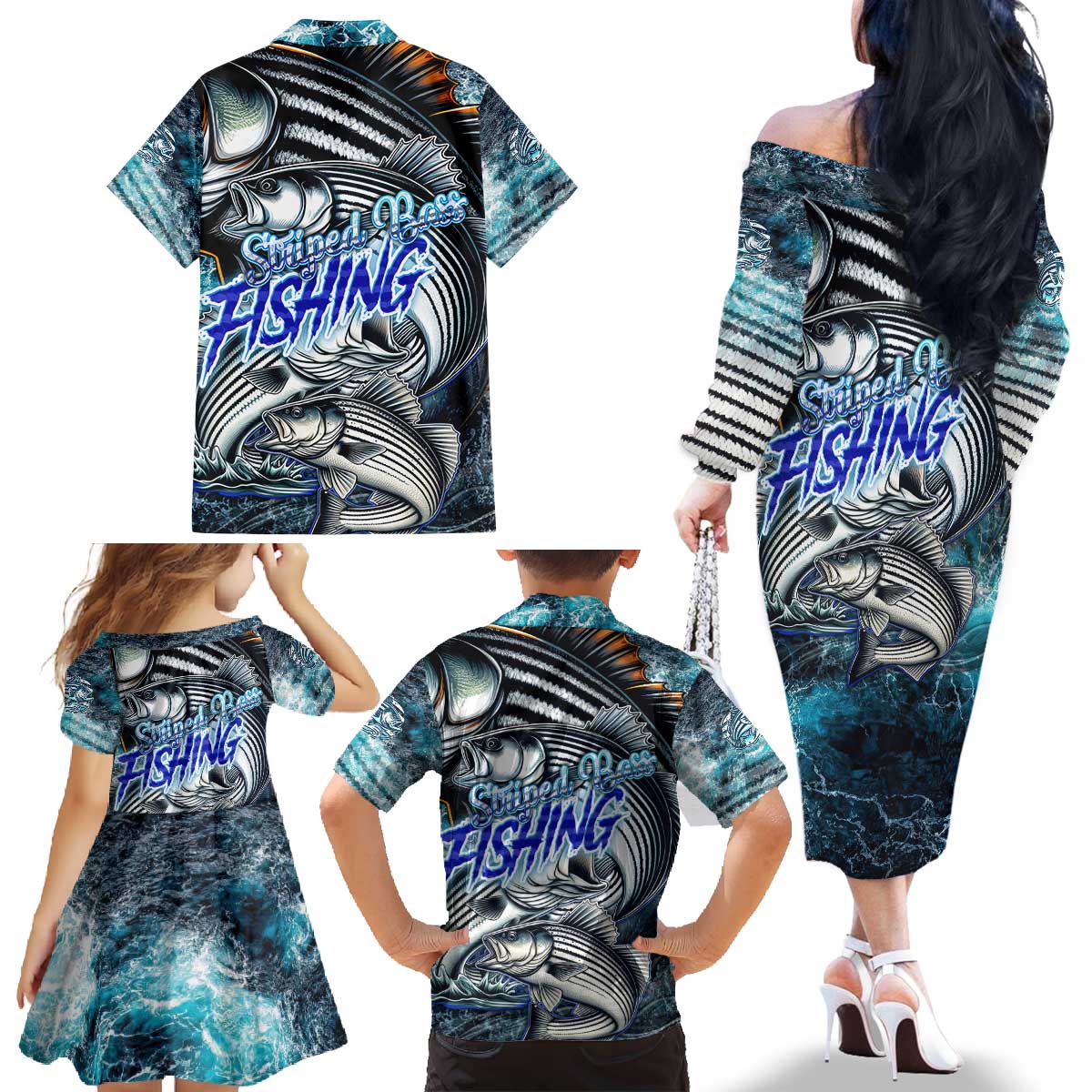 Striped Bass Fishing Family Matching Off The Shoulder Long Sleeve Dress and Hawaiian Shirt Bold Ocean Angler Design - Wonder Print Shop