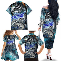 Striped Bass Fishing Family Matching Off The Shoulder Long Sleeve Dress and Hawaiian Shirt Bold Ocean Angler Design - Wonder Print Shop