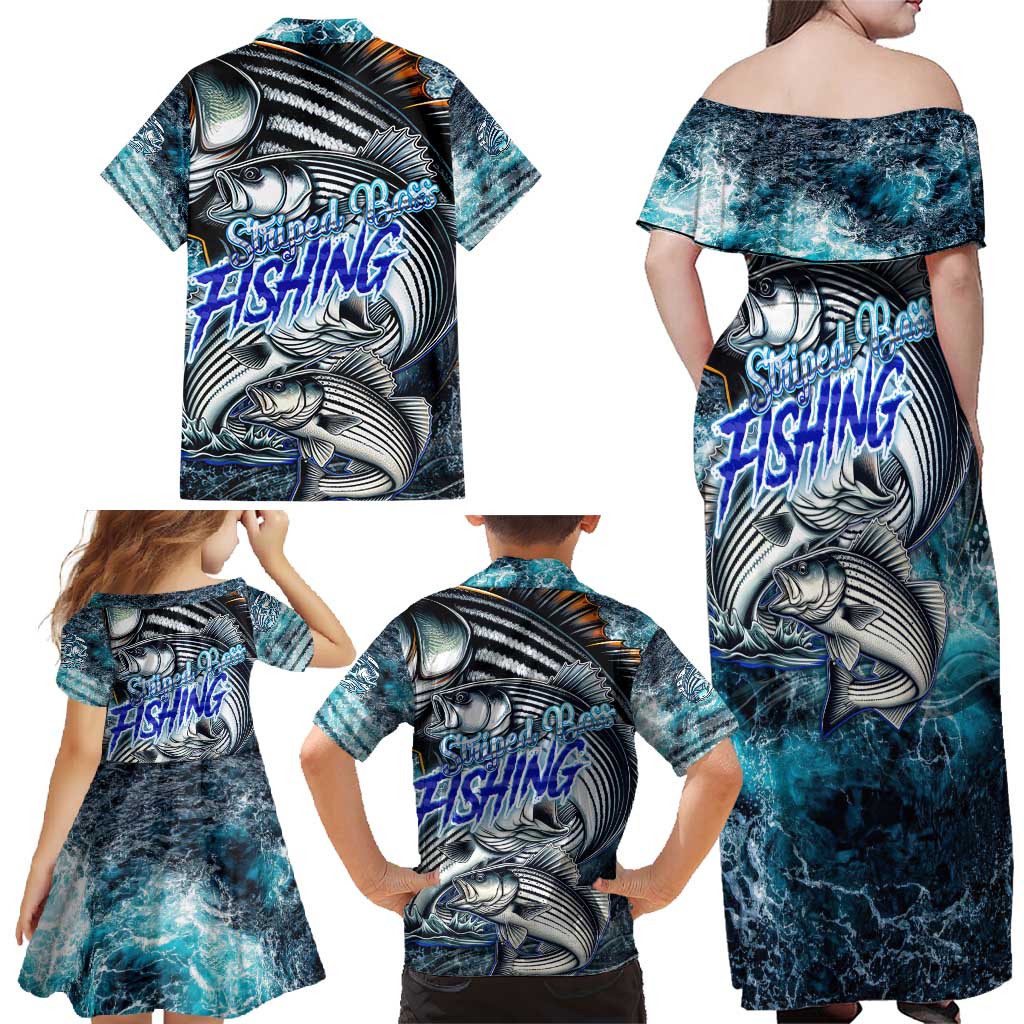 Striped Bass Fishing Family Matching Off Shoulder Maxi Dress and Hawaiian Shirt Bold Ocean Angler Design - Wonder Print Shop