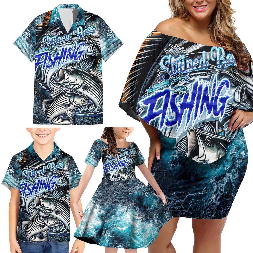 Striped Bass Fishing Family Matching Off Shoulder Short Dress and Hawaiian Shirt Bold Ocean Angler Design - Wonder Print Shop