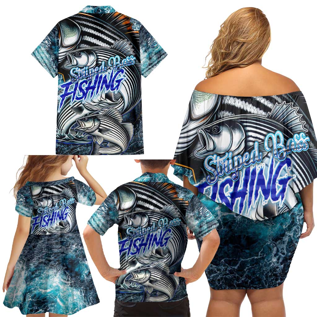 Striped Bass Fishing Family Matching Off Shoulder Short Dress and Hawaiian Shirt Bold Ocean Angler Design - Wonder Print Shop