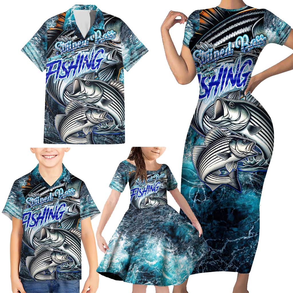 Striped Bass Fishing Family Matching Short Sleeve Bodycon Dress and Hawaiian Shirt Bold Ocean Angler Design - Wonder Print Shop