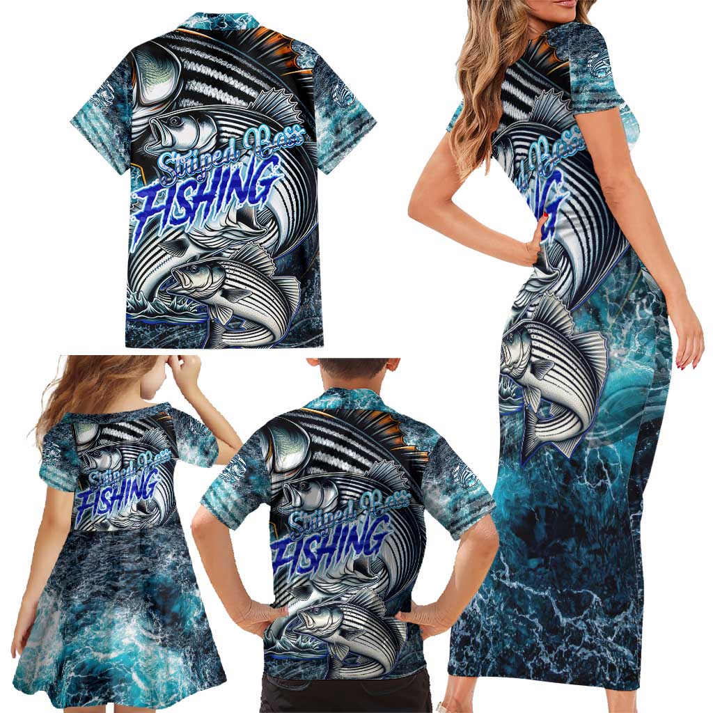 Striped Bass Fishing Family Matching Short Sleeve Bodycon Dress and Hawaiian Shirt Bold Ocean Angler Design - Wonder Print Shop