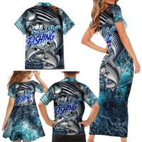 Striped Bass Fishing Family Matching Short Sleeve Bodycon Dress and Hawaiian Shirt Bold Ocean Angler Design - Wonder Print Shop