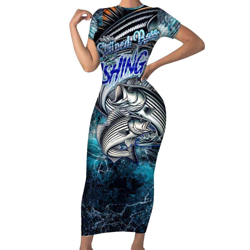 Striped Bass Fishing Family Matching Short Sleeve Bodycon Dress and Hawaiian Shirt Bold Ocean Angler Design - Wonder Print Shop