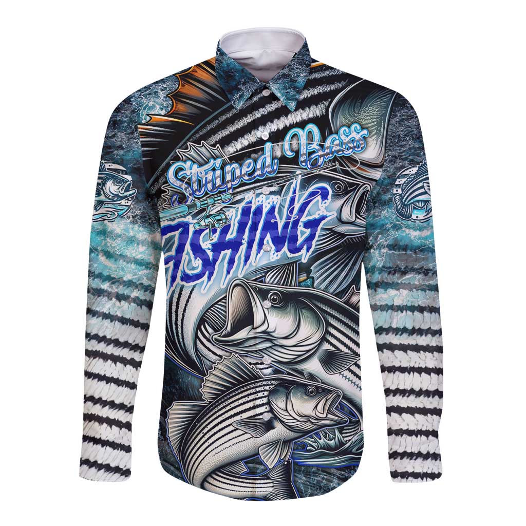 Striped Bass Fishing Long Sleeve Button Shirt Bold Ocean Angler Design - Wonder Print Shop