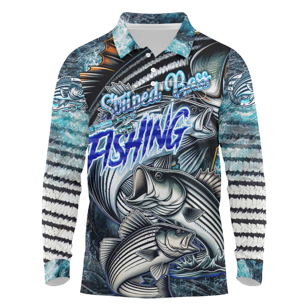 Striped Bass Fishing Long Sleeve Polo Shirt Bold Ocean Angler Design - Wonder Print Shop