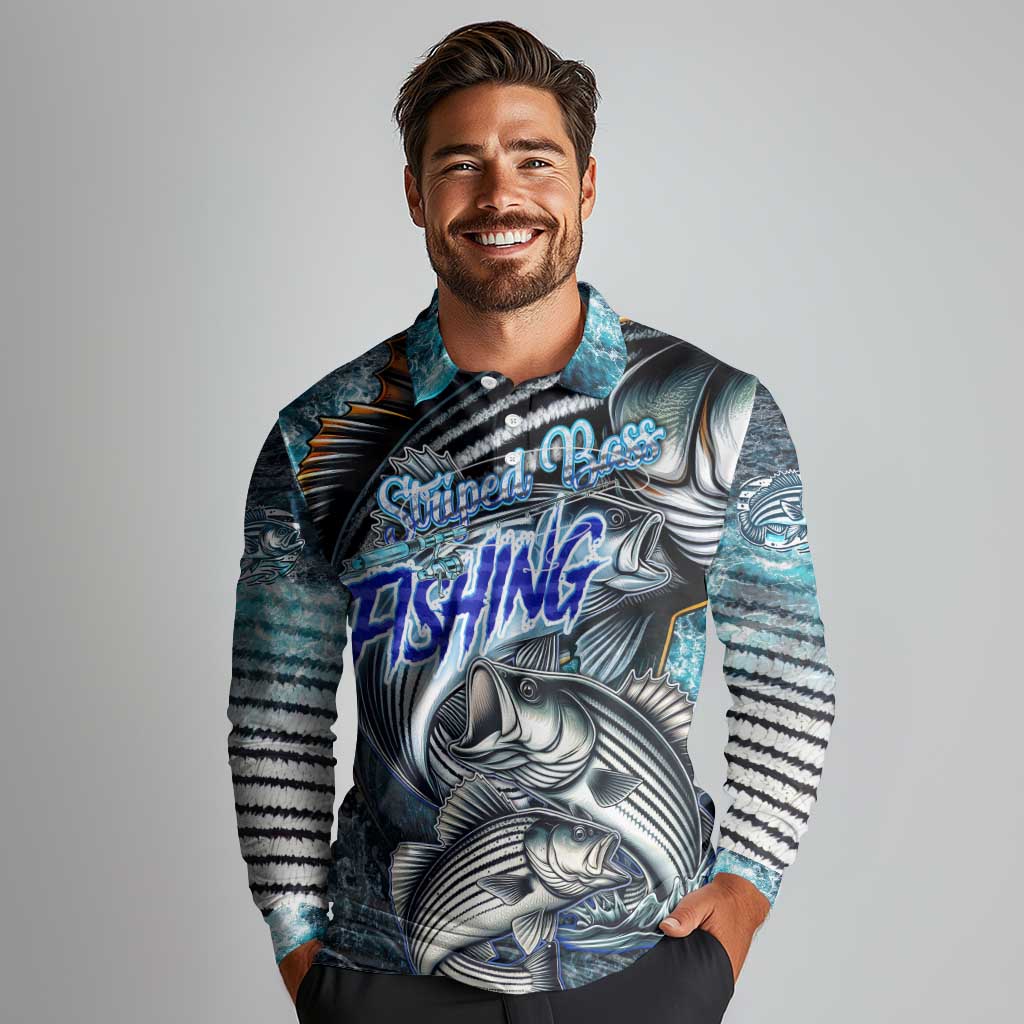 Striped Bass Fishing Long Sleeve Polo Shirt Bold Ocean Angler Design - Wonder Print Shop