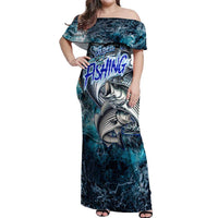 Striped Bass Fishing Off Shoulder Maxi Dress Bold Ocean Angler Design - Wonder Print Shop