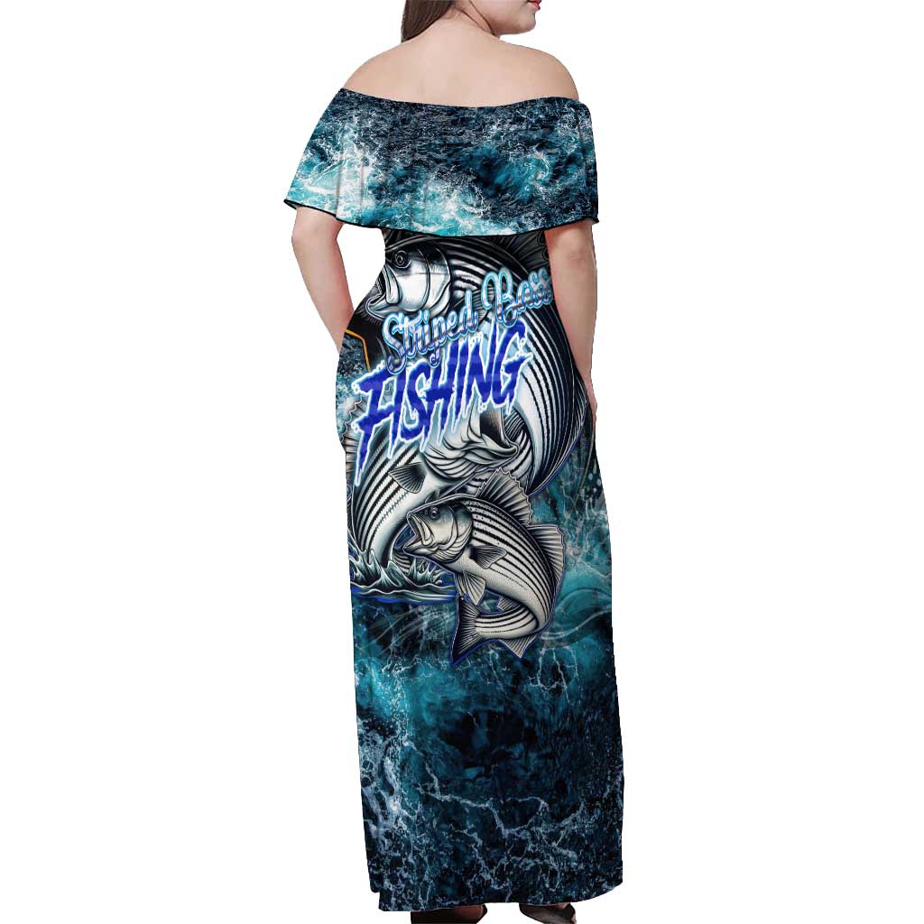 Striped Bass Fishing Off Shoulder Maxi Dress Bold Ocean Angler Design - Wonder Print Shop