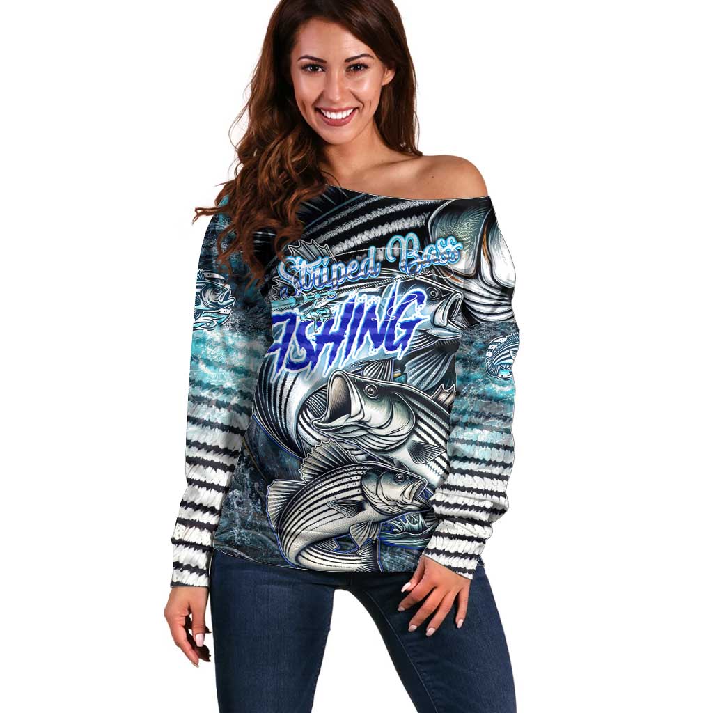 Striped Bass Fishing Off Shoulder Sweater Bold Ocean Angler Design - Wonder Print Shop