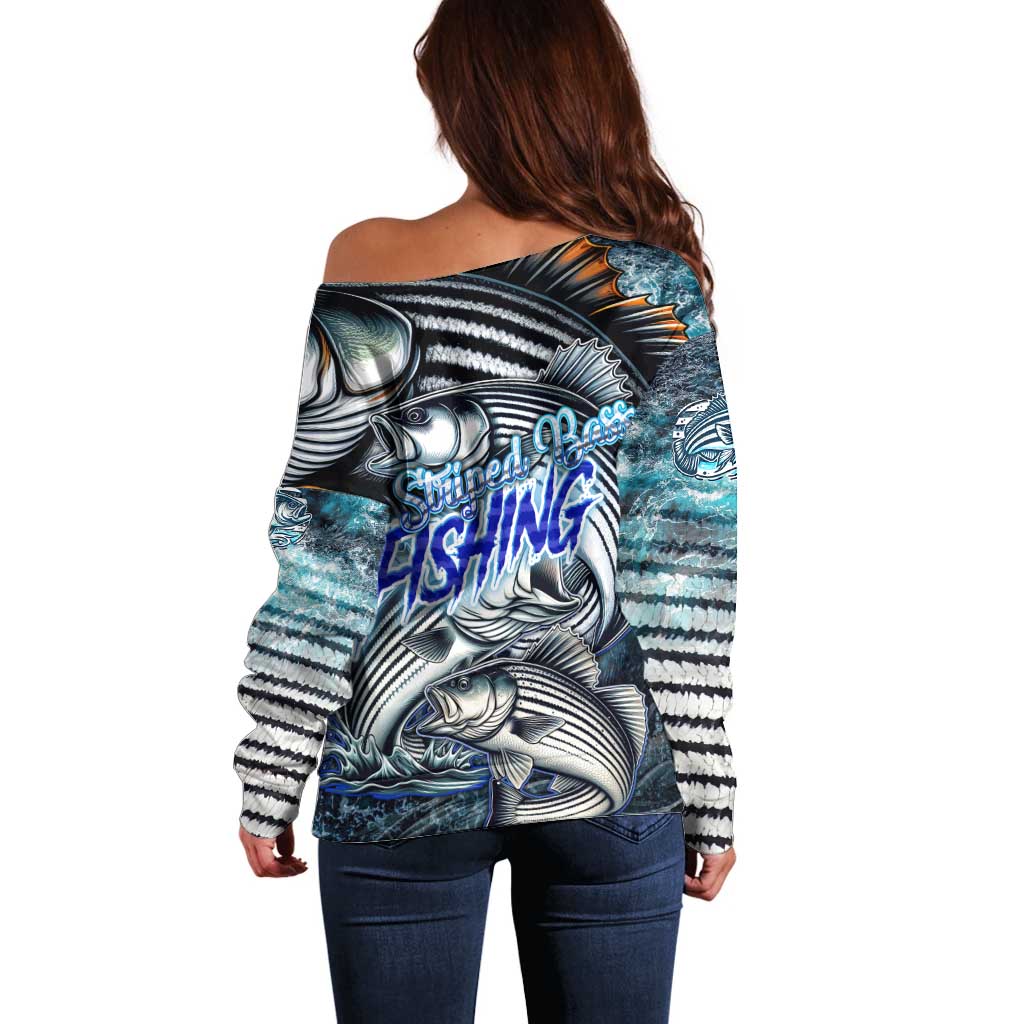 Striped Bass Fishing Off Shoulder Sweater Bold Ocean Angler Design - Wonder Print Shop