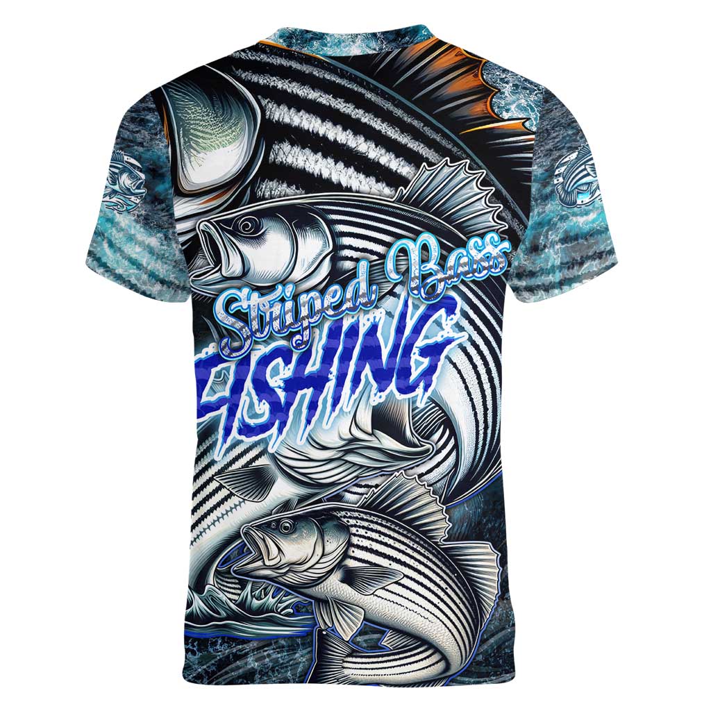 Striped Bass Fishing Women V-Neck T-Shirt Bold Ocean Angler Design - Wonder Print Shop