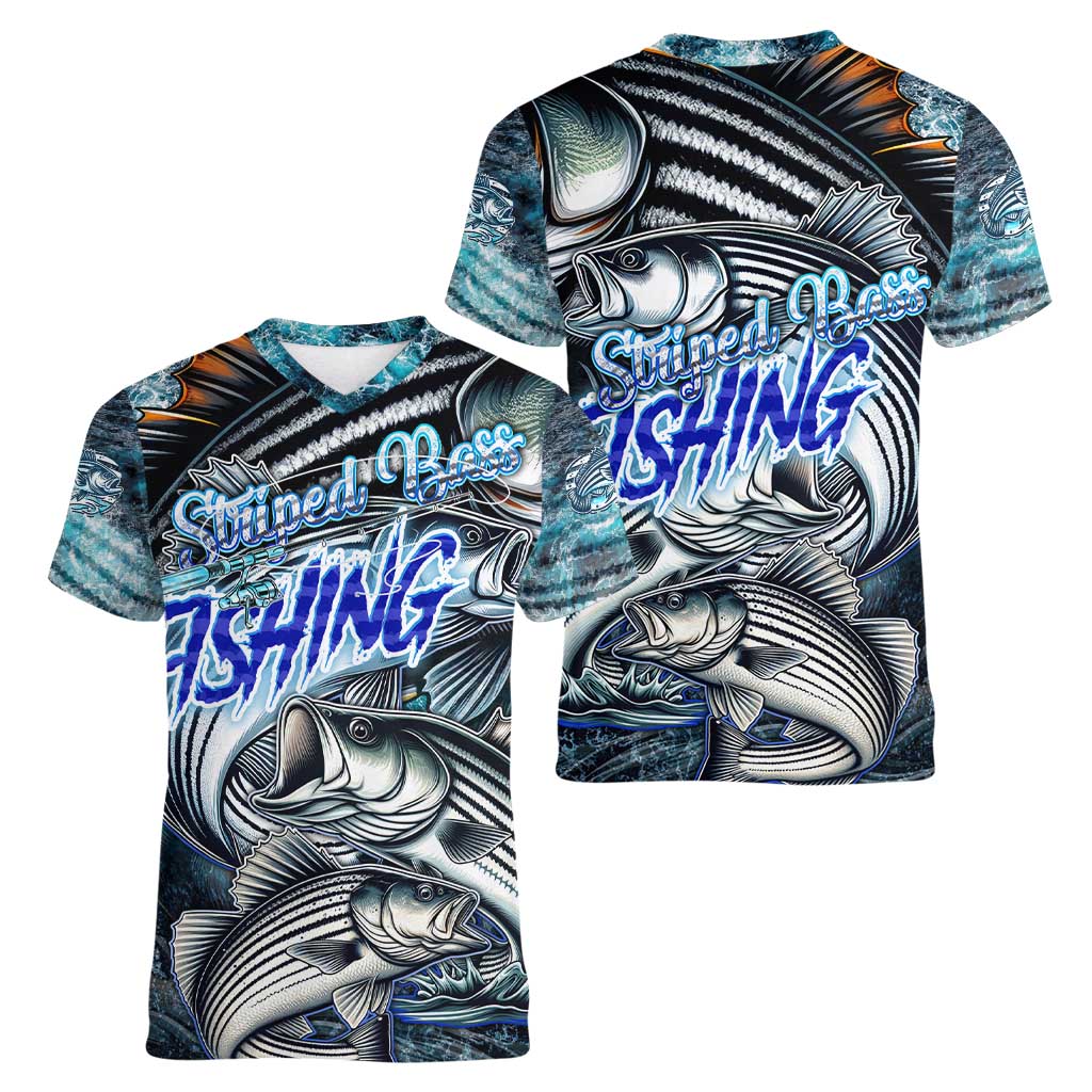 Striped Bass Fishing Women V-Neck T-Shirt Bold Ocean Angler Design - Wonder Print Shop