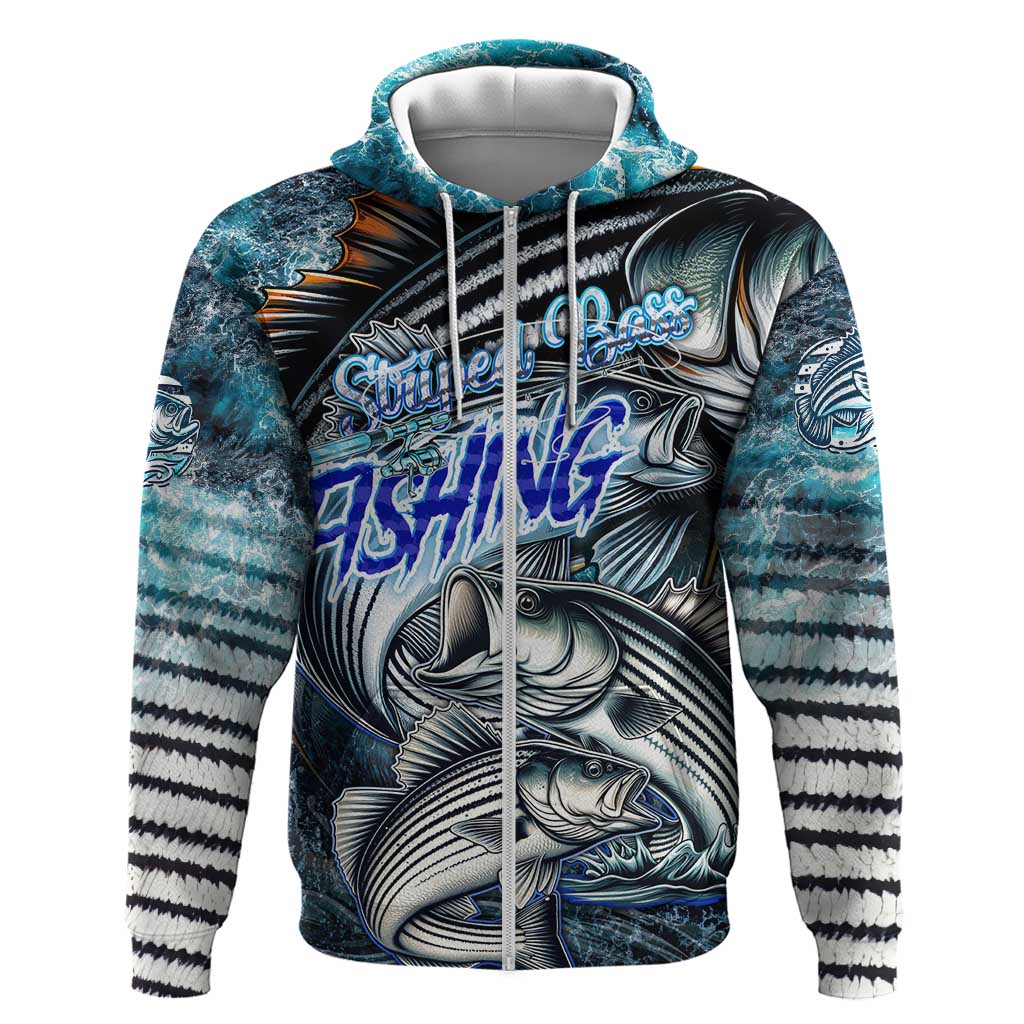 Striped Bass Fishing Zip Hoodie Bold Ocean Angler Design - Wonder Print Shop
