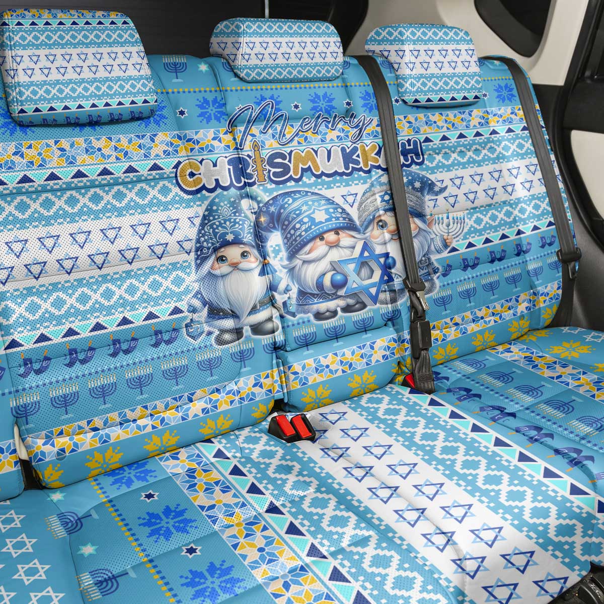 Merry Chrismukkah Back Car Seat Cover Jewish Christmas Gnomes and Menorahs - Wonder Print Shop