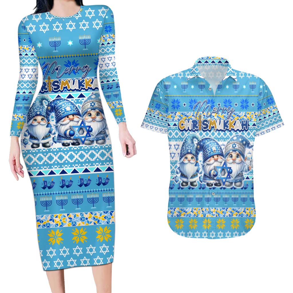 Merry Chrismukkah Couples Matching Long Sleeve Bodycon Dress and Hawaiian Shirt Jewish Christmas Gnomes and Menorahs - Wonder Print Shop