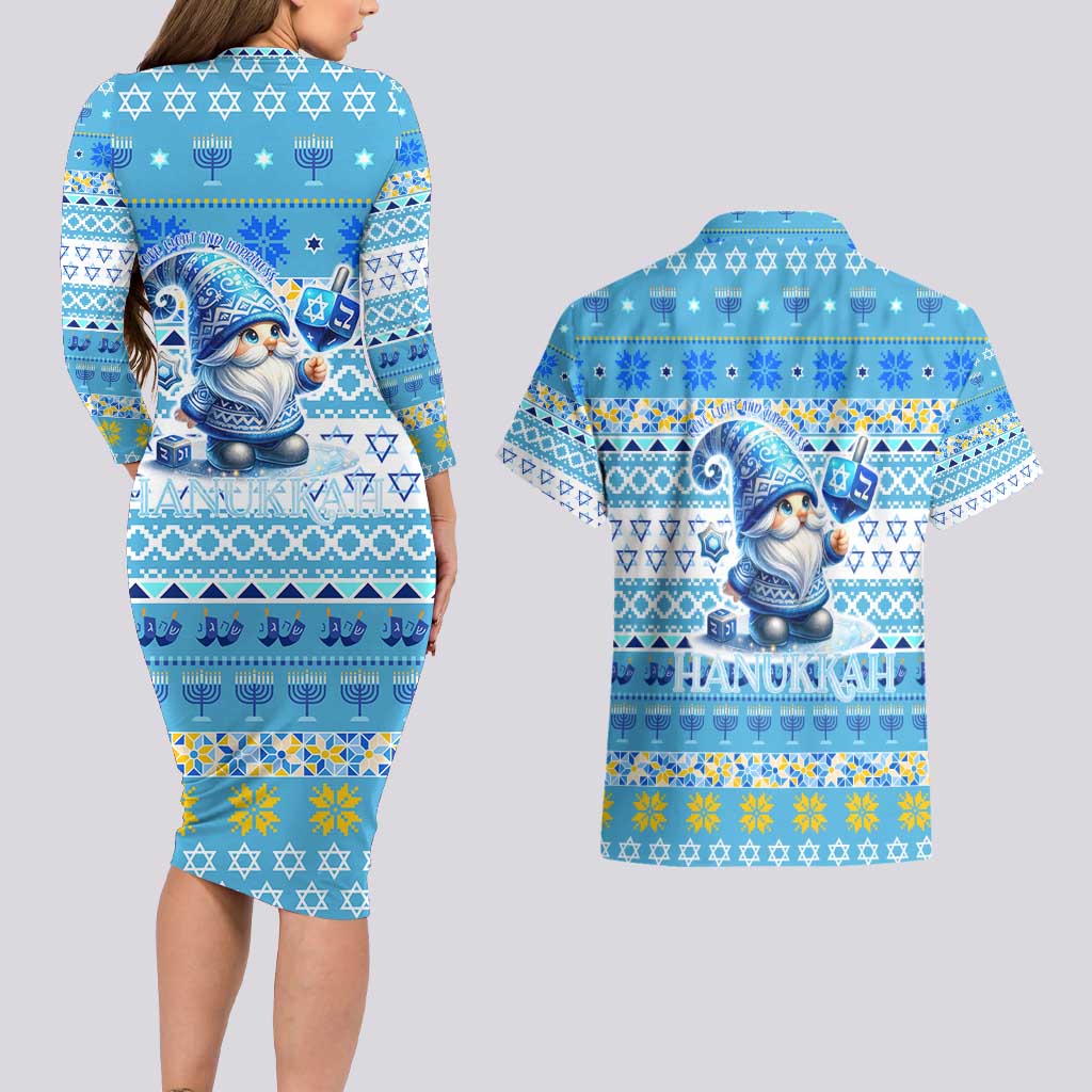 Merry Chrismukkah Couples Matching Long Sleeve Bodycon Dress and Hawaiian Shirt Jewish Christmas Gnomes and Menorahs - Wonder Print Shop