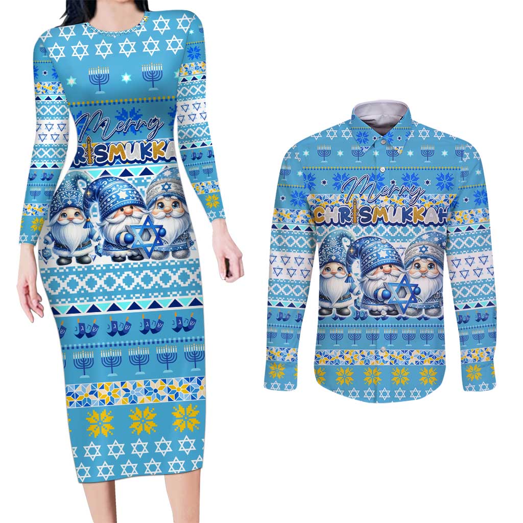 Merry Chrismukkah Couples Matching Long Sleeve Bodycon Dress and Long Sleeve Button Shirt Jewish Christmas Gnomes and Menorahs - Wonder Print Shop