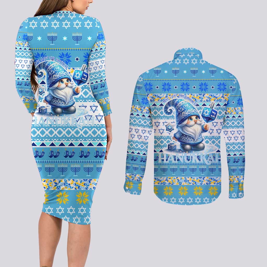 Merry Chrismukkah Couples Matching Long Sleeve Bodycon Dress and Long Sleeve Button Shirt Jewish Christmas Gnomes and Menorahs - Wonder Print Shop