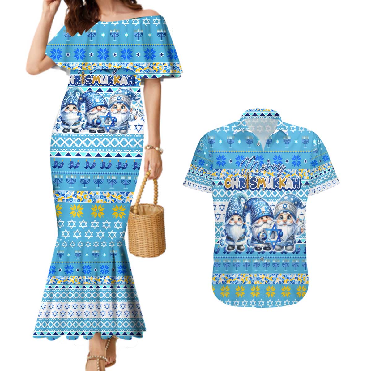 Merry Chrismukkah Couples Matching Mermaid Dress and Hawaiian Shirt Jewish Christmas Gnomes and Menorahs - Wonder Print Shop