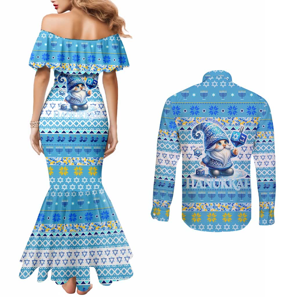 Merry Chrismukkah Couples Matching Mermaid Dress and Long Sleeve Button Shirt Jewish Christmas Gnomes and Menorahs - Wonder Print Shop