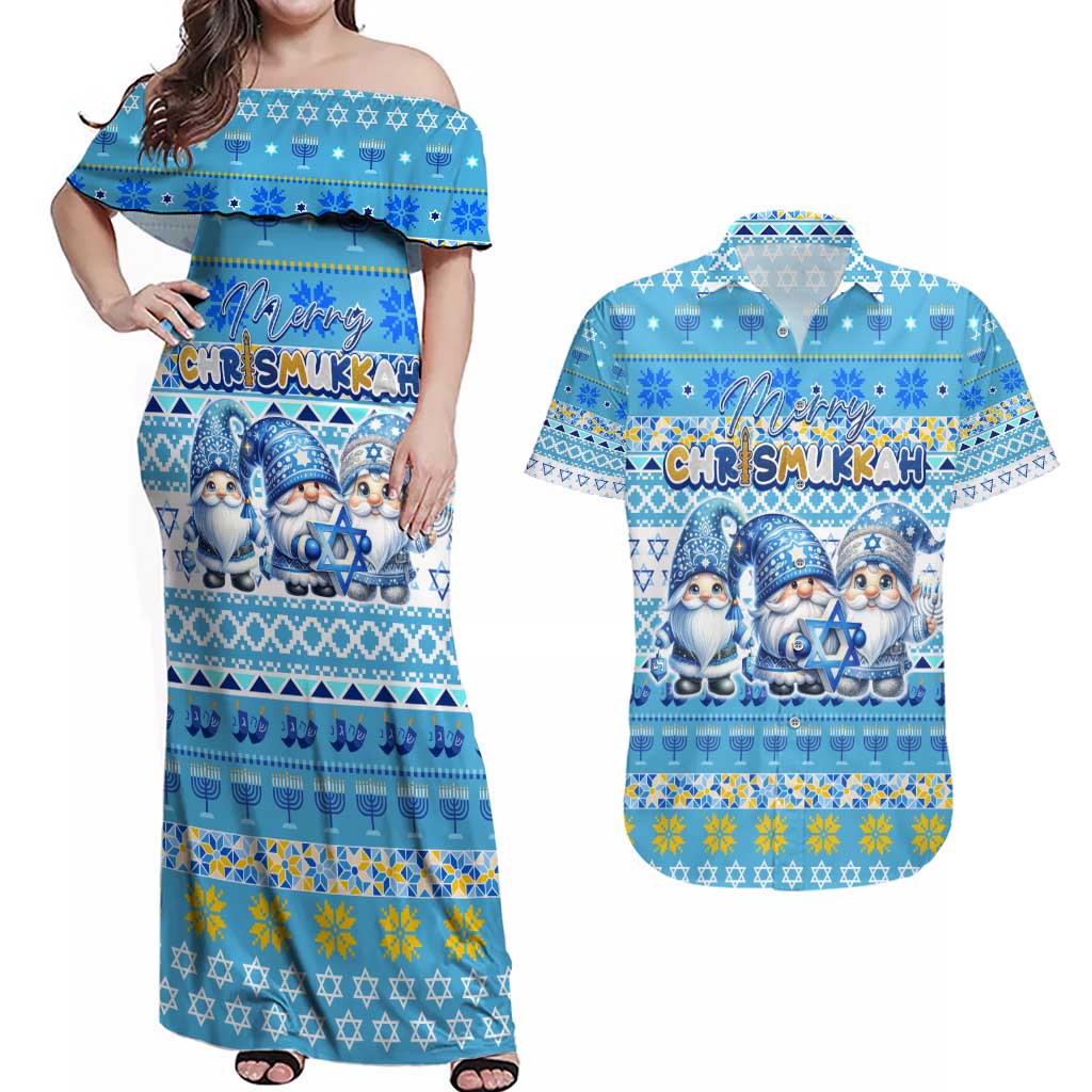 Merry Chrismukkah Couples Matching Off Shoulder Maxi Dress and Hawaiian Shirt Jewish Christmas Gnomes and Menorahs - Wonder Print Shop