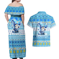 Merry Chrismukkah Couples Matching Off Shoulder Maxi Dress and Hawaiian Shirt Jewish Christmas Gnomes and Menorahs - Wonder Print Shop