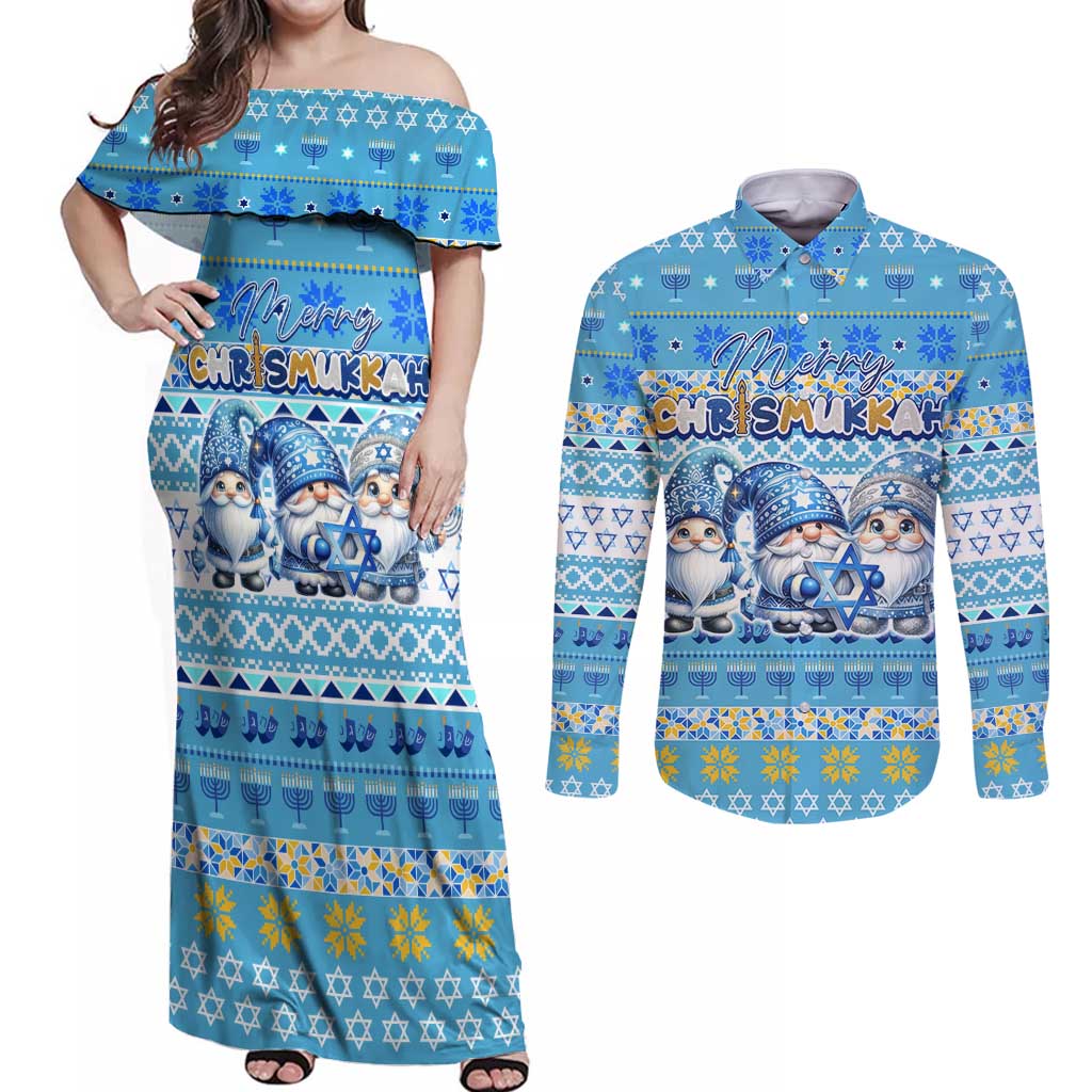 Merry Chrismukkah Couples Matching Off Shoulder Maxi Dress and Long Sleeve Button Shirt Jewish Christmas Gnomes and Menorahs - Wonder Print Shop