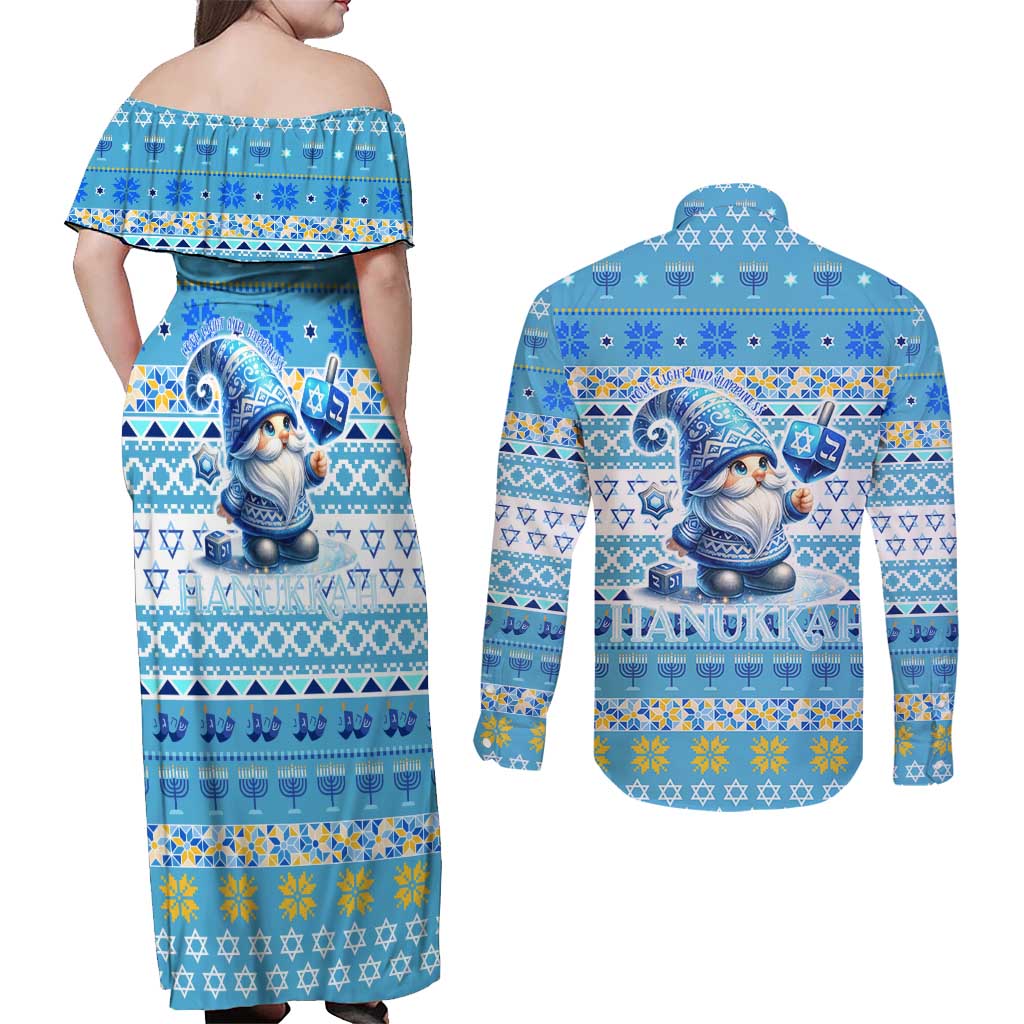 Merry Chrismukkah Couples Matching Off Shoulder Maxi Dress and Long Sleeve Button Shirt Jewish Christmas Gnomes and Menorahs - Wonder Print Shop