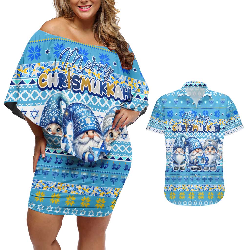 Merry Chrismukkah Couples Matching Off Shoulder Short Dress and Hawaiian Shirt Jewish Christmas Gnomes and Menorahs - Wonder Print Shop
