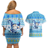 Merry Chrismukkah Couples Matching Off Shoulder Short Dress and Hawaiian Shirt Jewish Christmas Gnomes and Menorahs - Wonder Print Shop