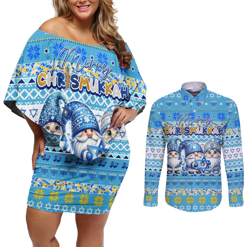 Merry Chrismukkah Couples Matching Off Shoulder Short Dress and Long Sleeve Button Shirt Jewish Christmas Gnomes and Menorahs - Wonder Print Shop