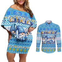 Merry Chrismukkah Couples Matching Off Shoulder Short Dress and Long Sleeve Button Shirt Jewish Christmas Gnomes and Menorahs - Wonder Print Shop