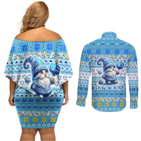 Merry Chrismukkah Couples Matching Off Shoulder Short Dress and Long Sleeve Button Shirt Jewish Christmas Gnomes and Menorahs - Wonder Print Shop