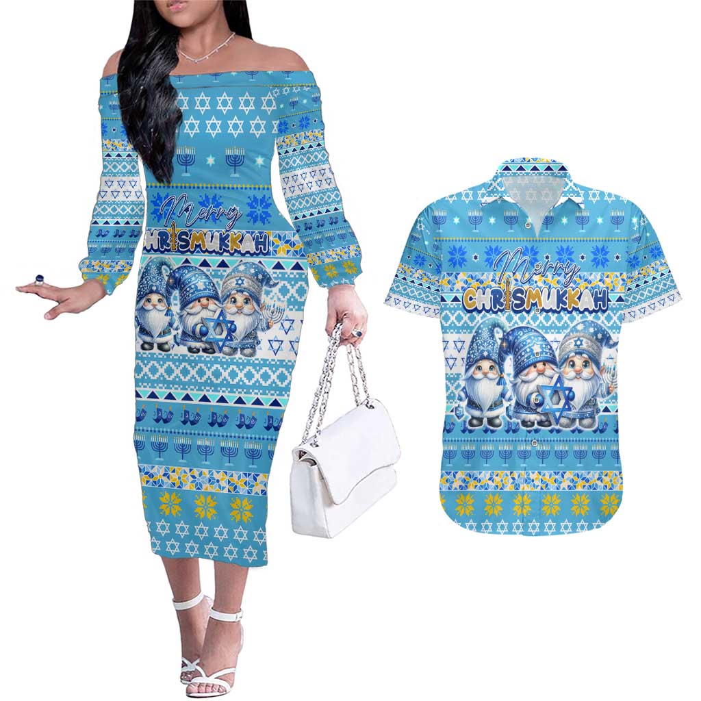 Merry Chrismukkah Couples Matching Off The Shoulder Long Sleeve Dress and Hawaiian Shirt Jewish Christmas Gnomes and Menorahs - Wonder Print Shop