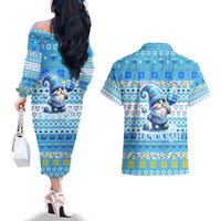 Merry Chrismukkah Couples Matching Off The Shoulder Long Sleeve Dress and Hawaiian Shirt Jewish Christmas Gnomes and Menorahs - Wonder Print Shop