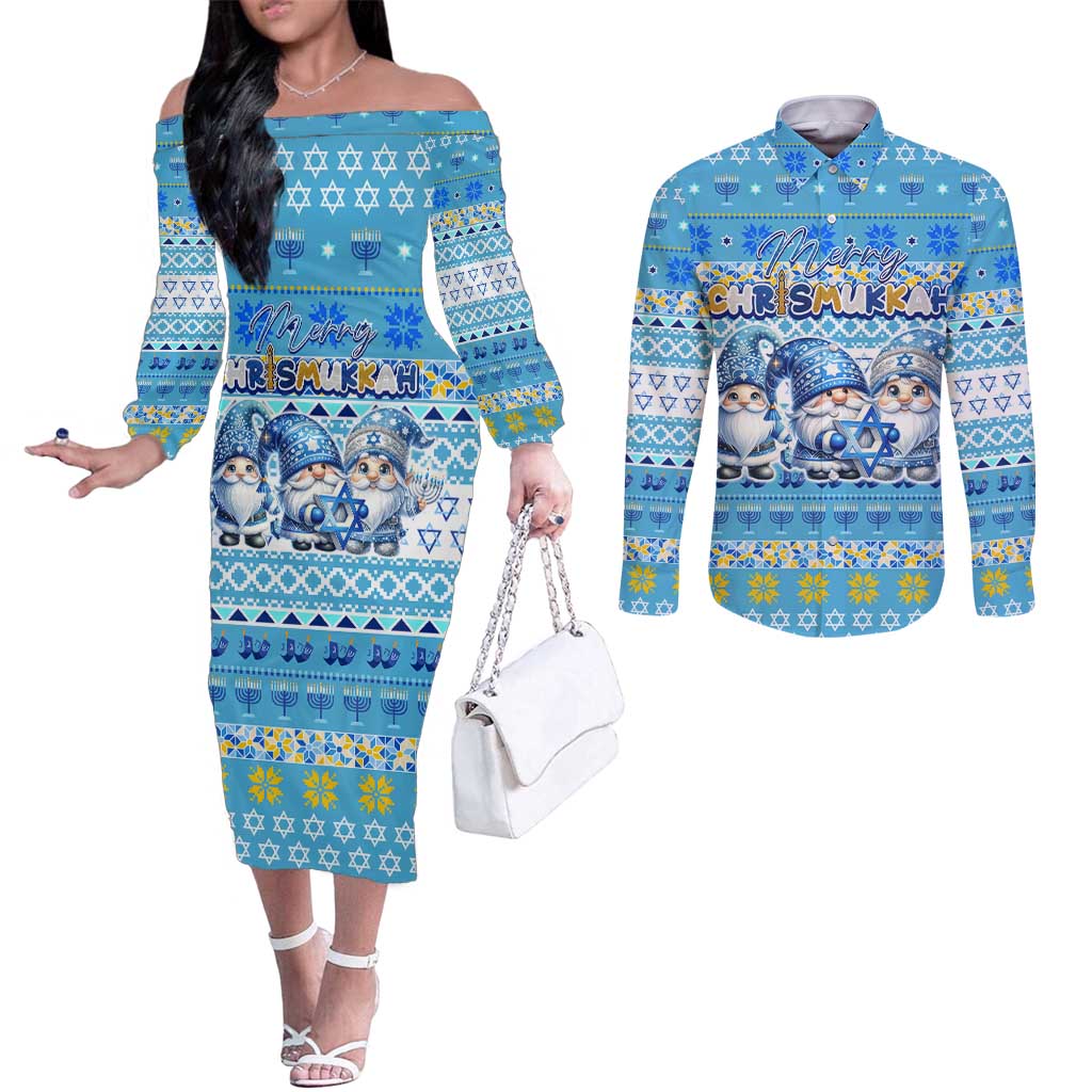 Merry Chrismukkah Couples Matching Off The Shoulder Long Sleeve Dress and Long Sleeve Button Shirt Jewish Christmas Gnomes and Menorahs - Wonder Print Shop