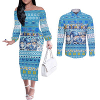 Merry Chrismukkah Couples Matching Off The Shoulder Long Sleeve Dress and Long Sleeve Button Shirt Jewish Christmas Gnomes and Menorahs - Wonder Print Shop