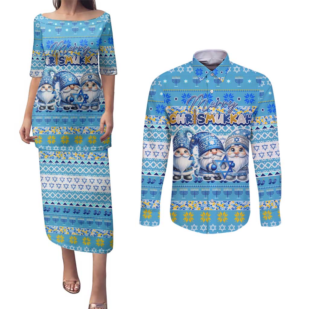 Merry Chrismukkah Couples Matching Puletasi and Long Sleeve Button Shirt Jewish Christmas Gnomes and Menorahs - Wonder Print Shop