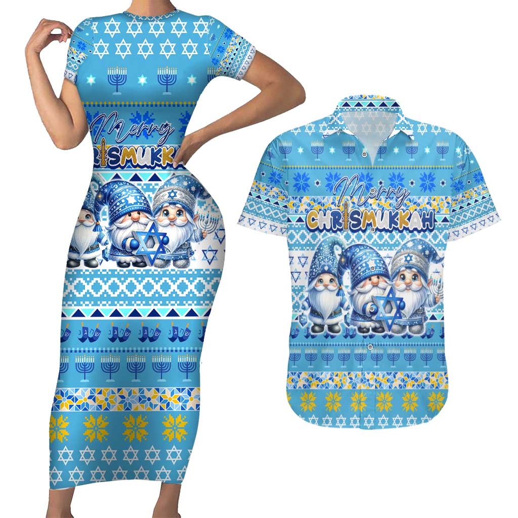 Merry Chrismukkah Couples Matching Short Sleeve Bodycon Dress and Hawaiian Shirt Jewish Christmas Gnomes and Menorahs - Wonder Print Shop