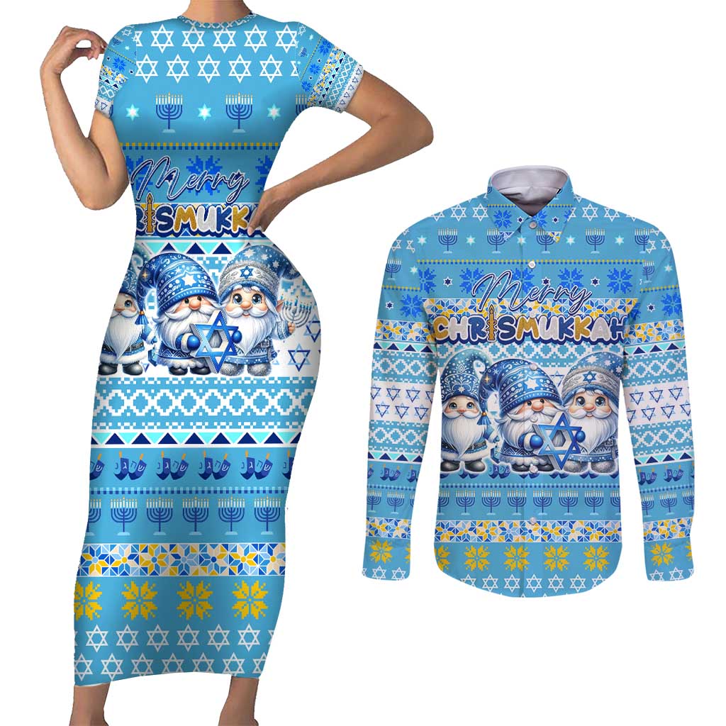 Merry Chrismukkah Couples Matching Short Sleeve Bodycon Dress and Long Sleeve Button Shirt Jewish Christmas Gnomes and Menorahs - Wonder Print Shop