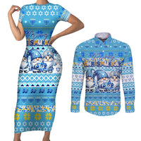 Merry Chrismukkah Couples Matching Short Sleeve Bodycon Dress and Long Sleeve Button Shirt Jewish Christmas Gnomes and Menorahs - Wonder Print Shop