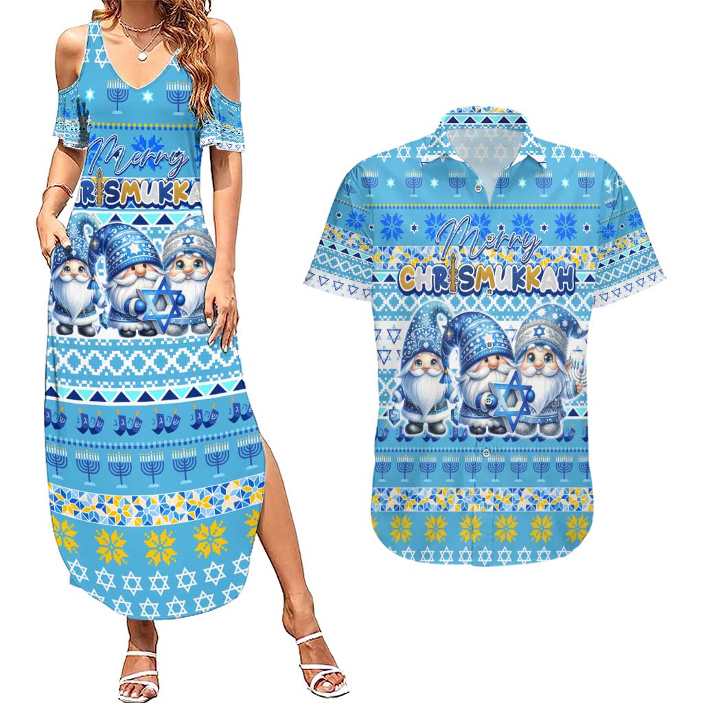 Merry Chrismukkah Couples Matching Summer Maxi Dress and Hawaiian Shirt Jewish Christmas Gnomes and Menorahs - Wonder Print Shop