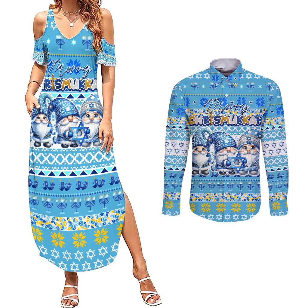 Merry Chrismukkah Couples Matching Summer Maxi Dress and Long Sleeve Button Shirt Jewish Christmas Gnomes and Menorahs - Wonder Print Shop