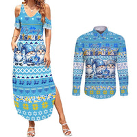 Merry Chrismukkah Couples Matching Summer Maxi Dress and Long Sleeve Button Shirt Jewish Christmas Gnomes and Menorahs - Wonder Print Shop