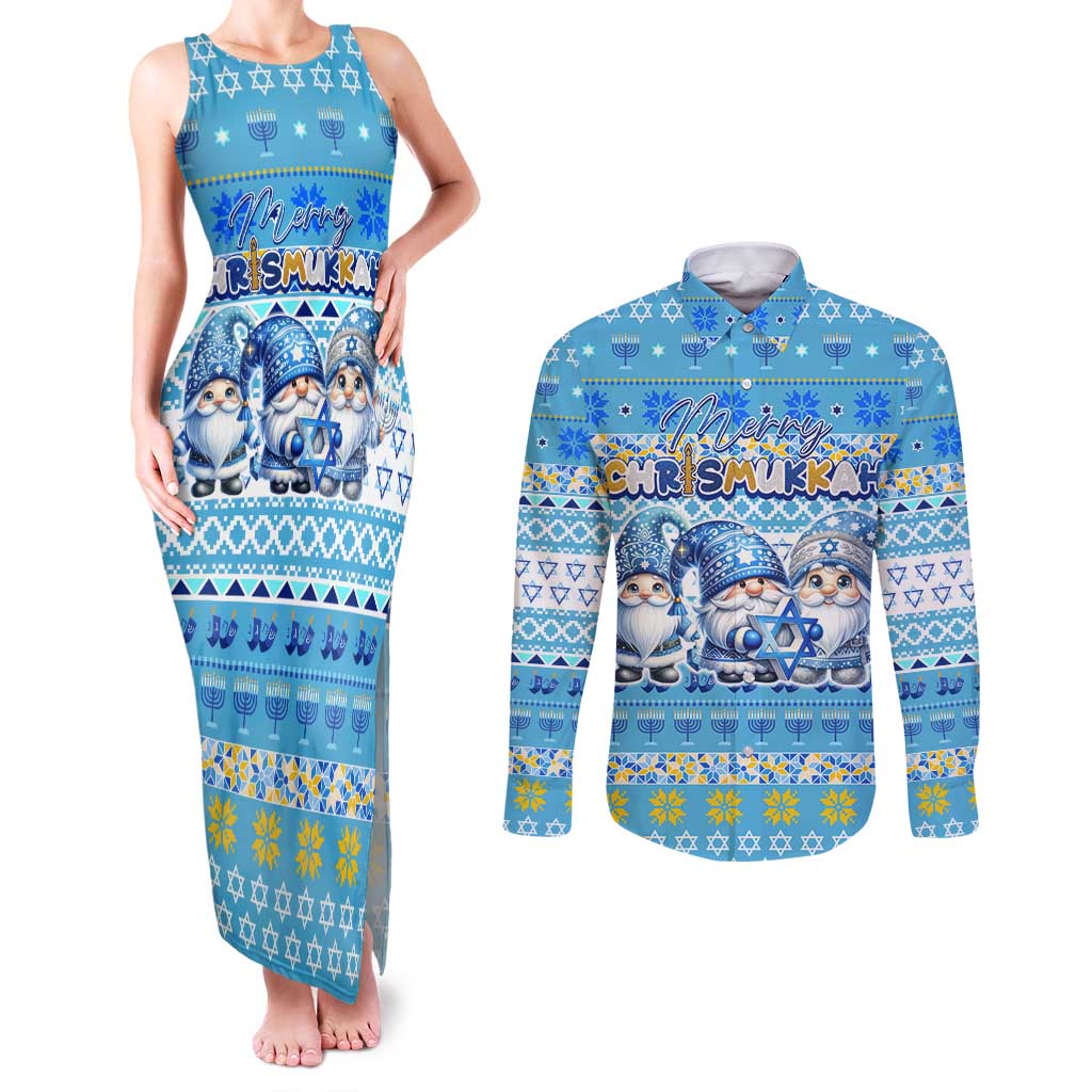 Merry Chrismukkah Couples Matching Tank Maxi Dress and Long Sleeve Button Shirt Jewish Christmas Gnomes and Menorahs - Wonder Print Shop