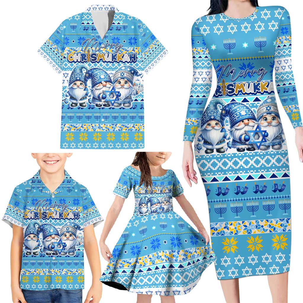 Merry Chrismukkah Family Matching Long Sleeve Bodycon Dress and Hawaiian Shirt Jewish Christmas Gnomes and Menorahs - Wonder Print Shop