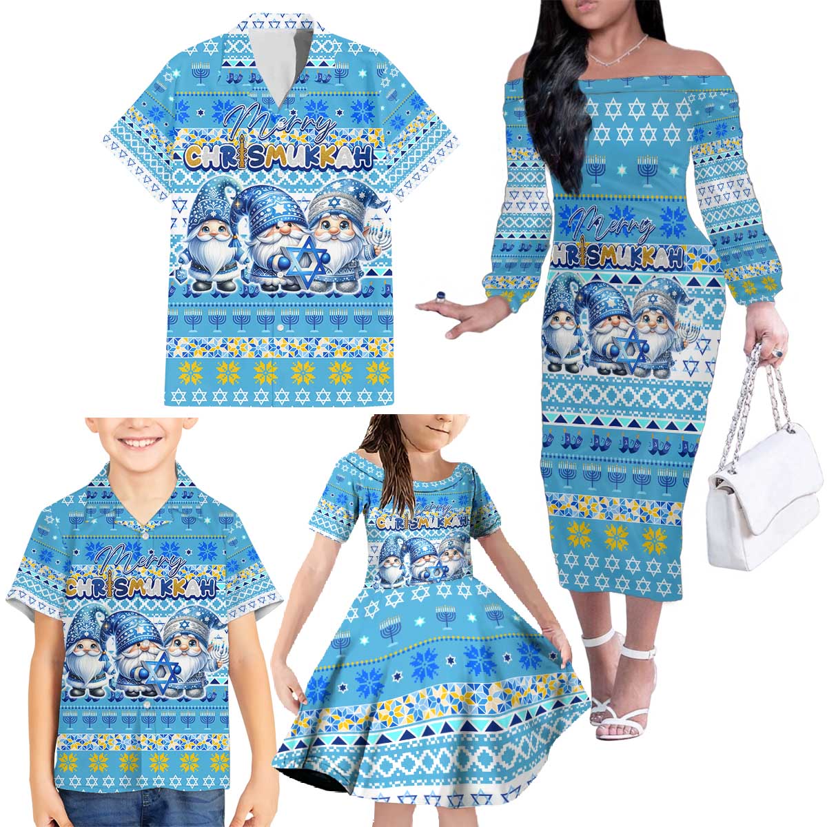 Merry Chrismukkah Family Matching Off The Shoulder Long Sleeve Dress and Hawaiian Shirt Jewish Christmas Gnomes and Menorahs - Wonder Print Shop