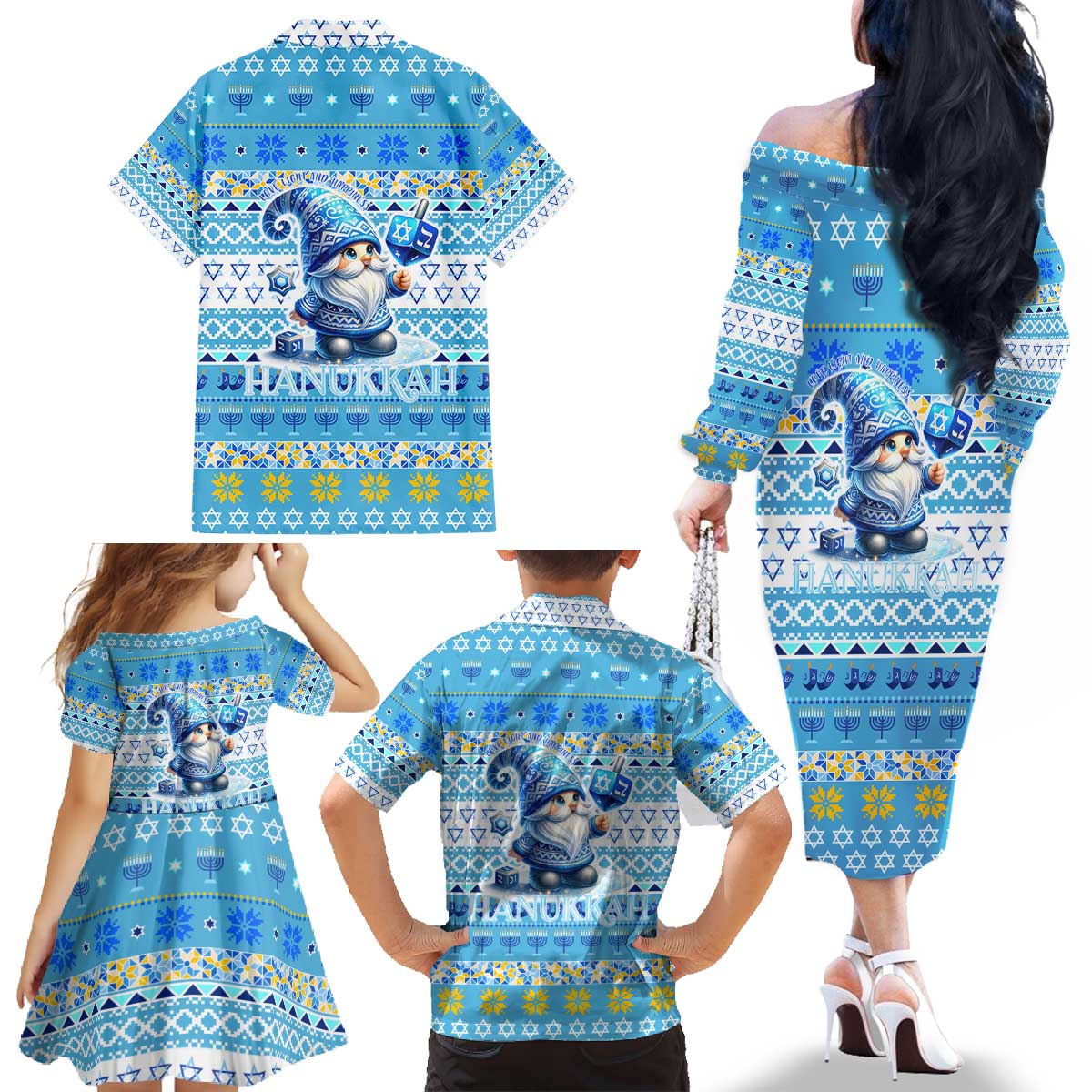 Merry Chrismukkah Family Matching Off The Shoulder Long Sleeve Dress and Hawaiian Shirt Jewish Christmas Gnomes and Menorahs - Wonder Print Shop